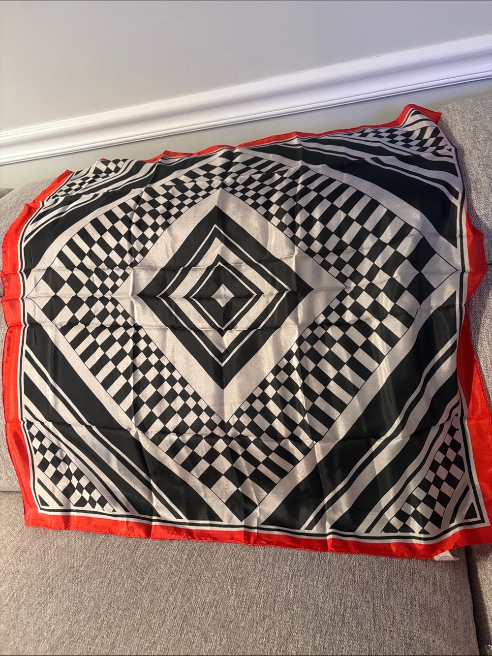 Graphic Black & White Geometric Scarf with Red Border